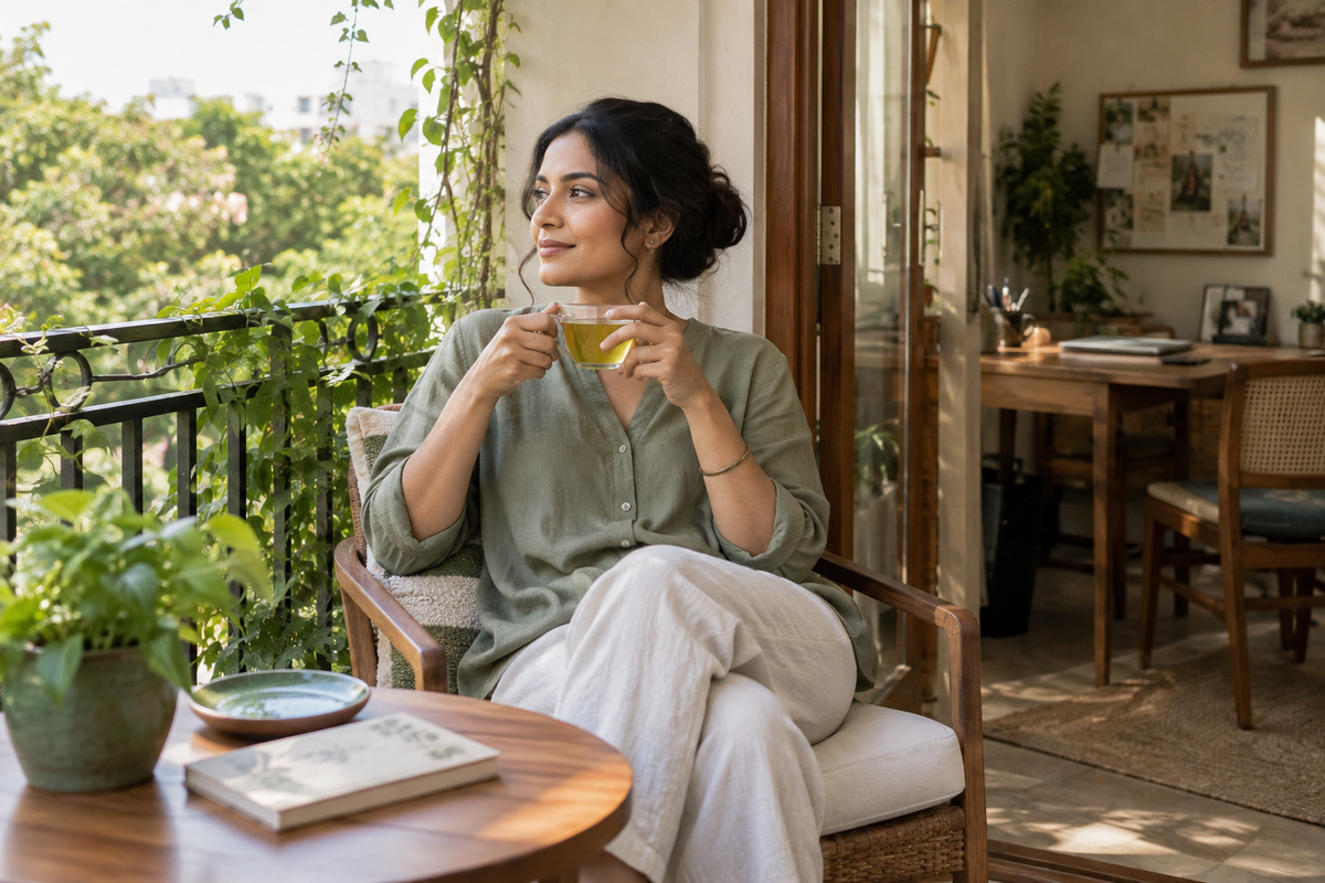 A woman enjoying green tea on a leafy balcony during a break from work