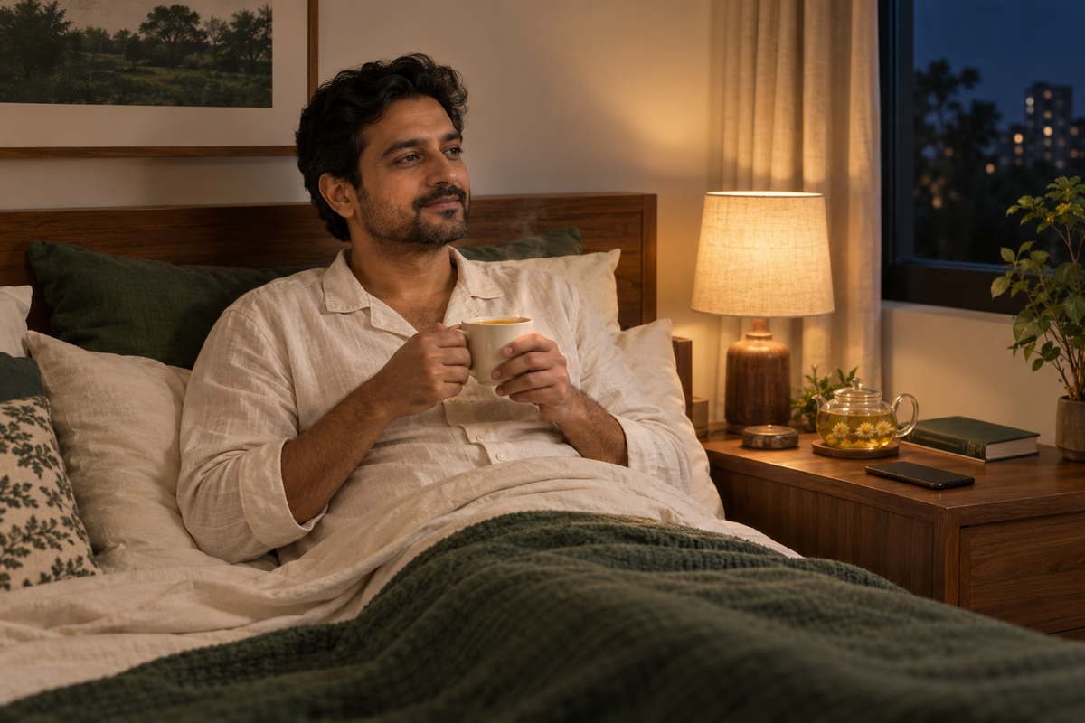 A man enjoying chamomile in his bedroom as he winds down for the night