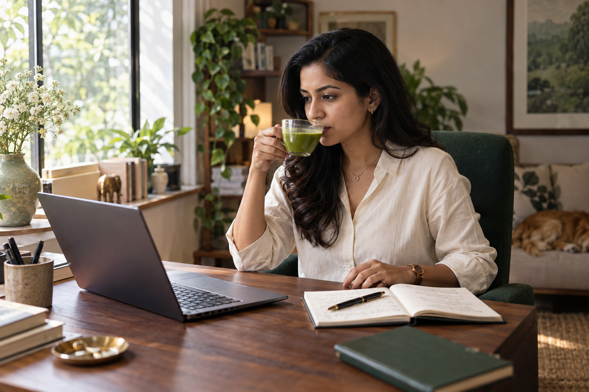 A woman sipping matcha at her desk during a work session