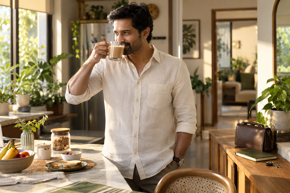 A man drinking milk chai at breakfast as he gets ready for a busy morning